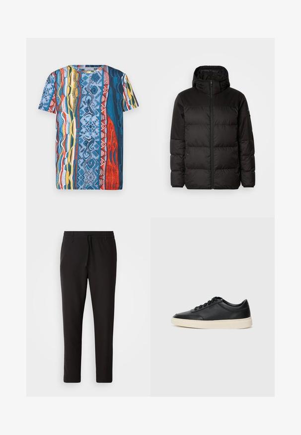 Svart puffjacka med blixtlås, huva, quiltade sektioner och elastiska mudd, tillverkad av ett slätt, vattentåligt material.; Kortärmad T-shirt med ett flerfärgat mönster i blått, rött, gult och vitt på en strukturerad, vävd bakgrund. Rund halsringning.; Svarta joggingbyxor i slätt tyg. Har resårmidja med en dragsko, avsmalnande ben och inga synliga fickor. Enkelt design.; Svart låg skor i läder med svarta snören och off-white sula, visas i sidoprofil på vit bakgrund.