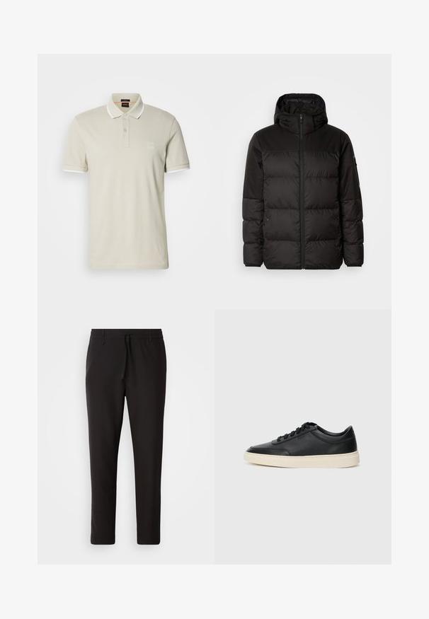 Sort pufferjakke med lynlås, hætte, quiltede sektioner og elastiske manchetter, lavet af et glat, vandafvisende materiale.; Polo shirt i lys beige bomuld med hvide detaljer på kraven og ærmerne, der har en to-knap lukning og et logo patch på brystet.; Sorte joggebukser lavet af glat stof. Har en elastisk talje med snor, tætsiddende ben og ingen synlige lommer. Enkel design.; Sort lavt top lædersneaker med sorte snørebånd og off-white sål vist i sideprofil på hvid baggrund.