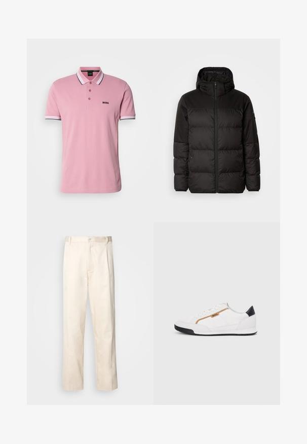 A jaqueta puffer preta apresenta um fecho zip, um capuz, secções acolchoadas e punhos elásticos, confeccionada em um material liso e resistente à água.; Camisa polo rosa feita de algodão, com uma pala de três botões, logótipo preto "BOSS" e detalhes listrados em branco e preto nos punhos das mangas.; Calças de algodão bege com corte reto, apresentando um fecho de botão e pregas na frente para um detalhe adicional.; Tênis atléticos brancos com detalhes em malha e couro. Apresenta um logotipo dourado "BOSS", painéis laterais texturizados e um capô de calcanhar preto. Sola em borracha.