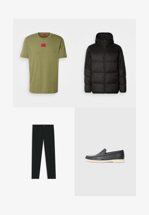 Czarna kurtka puchowa z zapięciem na zamek, kapturem, pikowanymi sekcjami i elastycznymi mankietami, wykonana z gładkiego, wodoodpornego materiału.; HUGO DIRAGOLINO zielony; Czarne spodnie materiałowe z prostymi nogawkami, wykonane z gładkiego materiału. Posiadają zamek na guzik z przodu oraz szlufki na pasek. Gładkie, bez wzorów.; Czarne skórzane slip-ony w stylu loafers z teksturowanym wykończeniem i kontrastującą beżową gumową podeszwą. Posiadają delikatny akcent wzdłuż przodu.