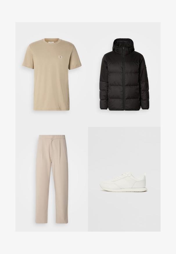 La chaqueta acolchada negra tiene un cierre de cremallera, capucha, secciones acolchadas y puños elásticos, hecha de un material suave y resistente al agua.; Camiseta de algodón beige con cuello redondo, mangas cortas y un pequeño parche rectangular de logo en el lado izquierdo del pecho. Textura suave.; Pantalones plisados en color beige, hechos de una tela suave. Tienen una cinturilla elástica, piernas rectas y una textura lisa. Sin bolsillos ni adornos.; Zapatilla blanca con parte superior de malla y sintético, puntera redonda, cordones planos y una franja lateral texturizada. Suela de goma con un tirador en la parte posterior.