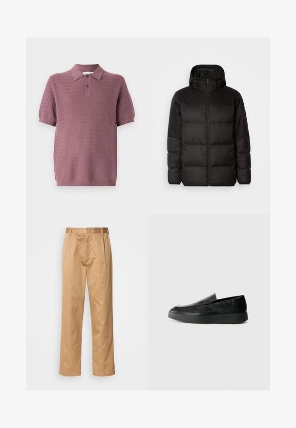 Crna puf jakna ima zatvaranje na zip, kapuljaču, kviltane dijelove i elastične manžete, izrađena je od glatkog, vodootpornog materijala.; Polo majica kratkih rukava u mauve boji s teksturiranim cik-cak uzorkom, s oštrim ovratnikom i s dva gumba na plavtu. Mekani pleteni materijal.; Khač pantaloni, mješavina pamuka, ravnog kroja, s prednjim nabora, petljama za remen i kopčanjem na gumb. Glatka tekstura bez uzoraka.; Calvin Klein HYBRID CUP - Obuća za navlačenje - triple black