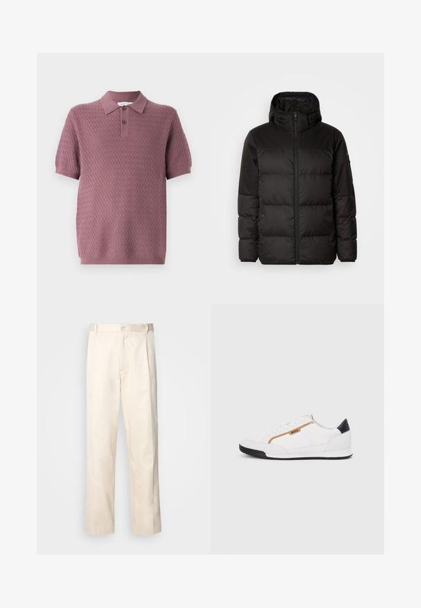 Črna zimska jakna ima zadrgo, kapuco, prešite odseke in elastične manšete, izdelana je iz gladkega, vodoodpornega materiala.; Polo majica s kratkimi rokavi v mauve barvi z teksturiranim zigzag vzorcem, s koničastim ovratnikom in dvema gumboma na zapenjanju. Mehka pletenina.; Bež cottone hlače s ravnim krojem, ki imajo gumbasto zapiranje in nabore spredaj za dodatne detajle.; Bele športne čevlje z mrežnimi in usnjenimi detajli. Opremljeni so z zlatim logotipom "BOSS", teksturiranimi stranskimi paneli in črnim kapcom na peti. Guma podplat.