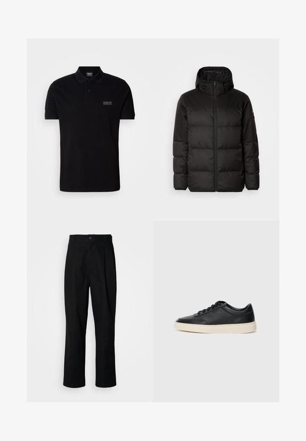 A fekete steppelt dzseki cipzáros záródással, kapucnival, steppelt részekkel és rugalmas mandzsettákkal rendelkezik, sima, vízálló anyagból készült.; Fekete pólóing, pamutból készült, gallérral, két gombbal, rövid ujjú, és kicsi márka-logóval a mellkason.; Fekete egyenes szabású nadrág gombos derékkal, övrutakkal és elülső gyűrődéssel, egy sima fehér háttér előtt.; Fekete, alacsony szárú bőrsneaker fekete fűzőkkel és törtfehér talppal, oldalnézetben, fehér háttér előtt.
