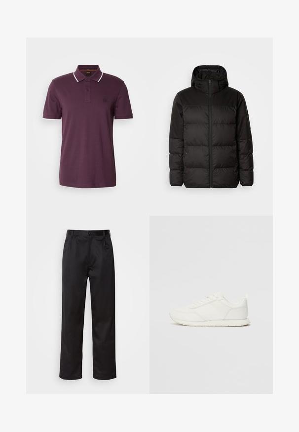 Črna zimska jakna ima zadrgo, kapuco, prešite odseke in elastične manšete, izdelana je iz gladkega, vodoodpornega materiala.; Temno vijolična polo majica z dvema gumboma, belimi poudarki na ovratniku in rokavih ter majhnim logotipom na prsih.; Črne hlače iz gladkega materiala, ki imajo sprednjo zaponko, naborke in ravne noge. Brez vidnih vzorcev ali okraskov.; Bela tenisa z mrežasto in sintetično zgornjo plastjo, okroglo oblikovano prstno območje, ravne vezalke in teksturirana stranska črta. Gumijast podplat z zanko na hrbtni strani.