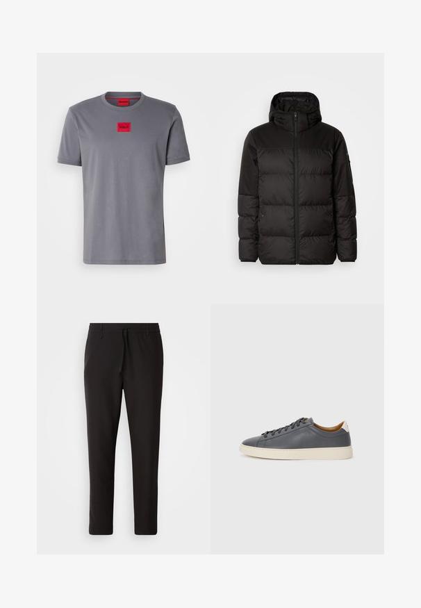 Črna zimska jakna ima zadrgo, kapuco, prešite odseke in elastične manšete, izdelana je iz gladkega, vodoodpornega materiala.; Siva kratka majica s kratkimi rokavi iz bombaža, z majhnim rdečim pravokotnim logotipom, ki ima v sredini napis "HUGO" na prsih. Okrugli izrez.; Črne jogger hlače iz gladkega blaga. Imajo elastičen pas z vrvico, zožane hlačnice in brez vidnih žepov. Enostaven dizajn.; Sive usnjene superge z okroglo konico, gumijastim podplatom, ravnimi vezalkami in svetlimi poudarki na peti. Gladka textura in minimalističen dizajn.