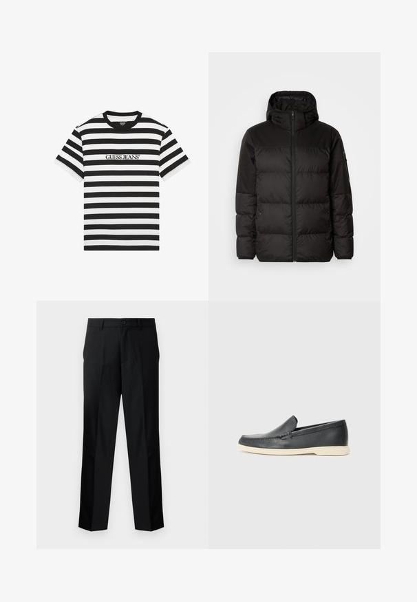 Black puffer jacket features a zip closure, a hood, quilted sections, and elastic cuffs, made from a smooth, water-resistant material.; Black and white striped t-shirt made of cotton, featuring a crew neckline and "GUESS JEANS" logo embroidered on the front.; Black tailored trousers with a straight cut, featuring a button closure, zip fly, and belt loops. Smooth fabric with side pockets.; Black leather slip-on loafers with a textured finish and a contrasting beige rubber sole. Features a subtle accent along the front.
