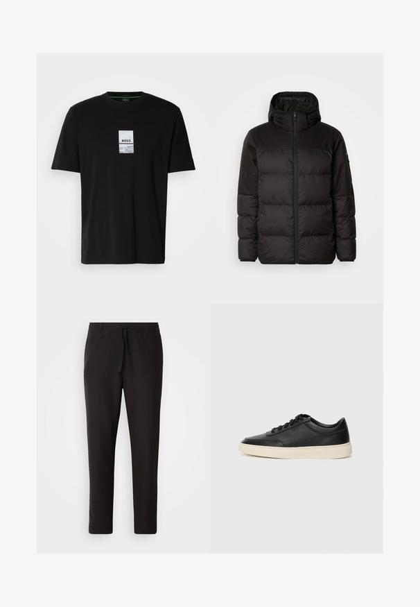 Černá péřová bunda má zipový uzávěr, kapuci, prošívané části a elastické manžety, vyrobená z hladkého, voděodolného materiálu.; Černé bavlněné tričko s krátkým rukávem, s obdélníkovým grafickým designem s bílým nápisem "BOSS" a jemnými akcenty.; Černé teplákové kalhoty vyrobené z hladké látky. Mají elastický pas se šňůrkou, zúžené nohavice a žádné viditelné kapsy. Jednoduchý design.; Černé kožené nízké tenisky s černými tkaničkami a slonovinovou podešví, zobrazené v bočním profilu na bílém pozadí.