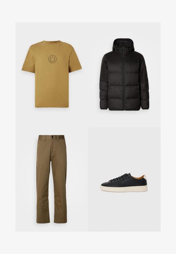 Črna zimska jakna ima zadrgo, kapuco, prešite odseke in elastične manšete, izdelana je iz gladkega, vodoodpornega materiala.; Kratke rukave, gorčične barve bombažna majica s krožnim izrezom. V središču ima preprost črni nasmejan obraz. Gladka tekstura.; Rjave hlače ravnih nogavic iz tkanine. Imajo gumbasto zapiranje, stranske žepke in gladko teksturo. Prilagojen kroj.; Črne usnjene superge z gladko teksturo, bež gumijastim podplatom, zavezovalnim dizajnom in kontrastnim nagibom na peti.