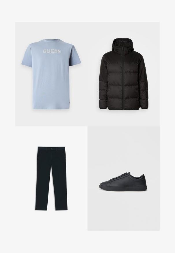 Sort pufferjakke med lynlås, hætte, quiltede sektioner og elastiske manchetter, lavet af et glat, vandafvisende materiale.; Lyseblå bomulds t-shirt med korte ærmer, rund hals, med et hvidt logo print "GUESS EST. 1981" på forsiden. Glat tekstur.; Mørkeblå chinos lavet af en bomuldsblanding. Har bæltestropper, forreste lommer og en lynlås med knaplukning.; Sorte sneakers lavet af glat læder med lavtopdesign, rund tå og flad gummisål. Har snøringer og subtil branding.