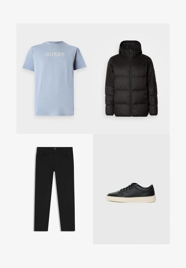 La chaqueta acolchada negra tiene un cierre de cremallera, capucha, secciones acolchadas y puños elásticos, hecha de un material suave y resistente al agua.; Camiseta de algodón azul claro de manga corta, con cuello redondo, que presenta un estampado en blanco del logo "GUESS EST. 1981" en la parte delantera. Textura suave.; Pantalones de mezclilla negros con corte recto, que cuentan con una cinturilla estándar, cinco bolsillos y un cierre de botón. Textura suave en toda su superficie.; Zapatilla negra de piel de caña baja con cordones negros y suela color crema, mostrada en perfil lateral sobre fondo blanco.