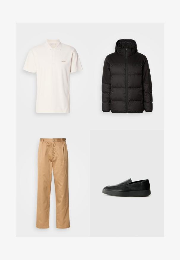 Sort pufferjakke med lynlås, hætte, quiltede sektioner og elastiske manchetter, lavet af et glat, vandafvisende materiale.; Kortærmet polo t-shirt i lys cremefarve lavet af en glat bomuldsblanding. Har en krave, tre-knaps stolpe og et broderet logo på brystet.; Khaki bukser, blanding af bomuld, lige ben-design, frontfald, bæltesløjfer og knaplukning. Glat tekstur uden mønstre.; Calvin Klein HYBRID CUP - Loafers - triple black