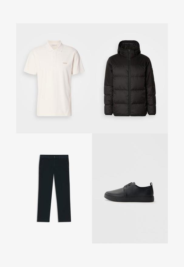 Sort pufferjakke med lynlås, hætte, quiltede sektioner og elastiske manchetter, lavet af et glat, vandafvisende materiale.; Kortærmet polo t-shirt i lys cremefarve lavet af en glat bomuldsblanding. Har en krave, tre-knaps stolpe og et broderet logo på brystet.; Mørkeblå chinos lavet af en bomuldsblanding. Har bæltestropper, forreste lommer og en lynlås med knaplukning.; Sorte lædersneakers med en glat finish, rund tå, tonalt syning, snøring foran og en flad gummisål. Løkke ved hælen.