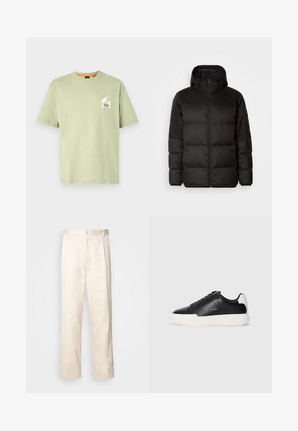 Mustikas puffer-jakk sisaldab tõmblukku, kapuutsi, tikandiga osi ja elastseid mansette, valmistatud siledast veekindlast materjalist.; Heled roheline puuvillane t-särk ümmarguse kaelusega, lühikeste varrukatega ning valge logo trükitud rinnataskule. Siledat tekstuuri ja mugav lõige.; Beesidised puuvillased püksid sirge jala lõikega, mis on varustatud nööpkinnituse ja ees olevate voltidega, et lisada detaili.; Mustad musta nahast jooksutossud valge kummist tallaga. Omavad ümmargust ninakujuga disaini, paeltega kinnitust ja logo detaili külgedel. Tagumine aktsent on valge.