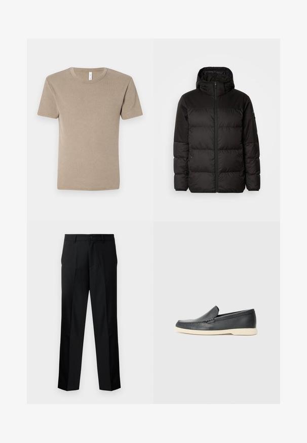 La chaqueta acolchada negra tiene un cierre de cremallera, capucha, secciones acolchadas y puños elásticos, hecha de un material suave y resistente al agua.; Camiseta marrón de manga corta, hecha de algodón suave. Presenta un cuello redondo y un diseño sencillo sin patrones ni adornos.; Pantalones negros de corte recto y ajustados, con cierre de botón, cremallera y trabillas para cinturón. Tejido suave con bolsillos laterales.; Mocasines de piel negra sin cordones con un acabado texturizado y una suela de goma beige en contraste. Presentan un sutil acento en la parte frontal.