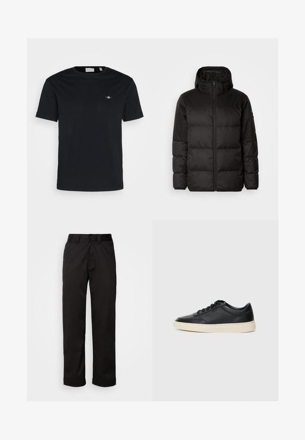 Black puffer jacket features a zip closure, a hood, quilted sections, and elastic cuffs, made from a smooth, water-resistant material.; Black cotton t-shirt with a crew neck, short sleeves, and a small logo on the chest. Smooth texture, standard fit, and no visible patterns.; Black trousers made of smooth fabric, featuring a zip fly, button closure, and rolled cuffs for a casual design.; Black low-top leather sneaker with black laces and off-white sole shown in side profile on white background.