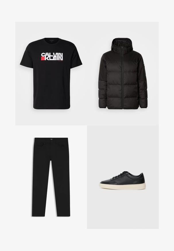 Black puffer jacket features a zip closure, a hood, quilted sections, and elastic cuffs, made from a smooth, water-resistant material.; Black cotton t-shirt featuring bold white and red "CALVIN KLEIN" logo across the chest. Short sleeves and crew neck design.; Black denim trousers with a straight cut, featuring a standard waistband, five pockets, and a button closure. Smooth texture throughout.; Black low-top leather sneaker with black laces and off-white sole shown in side profile on white background.