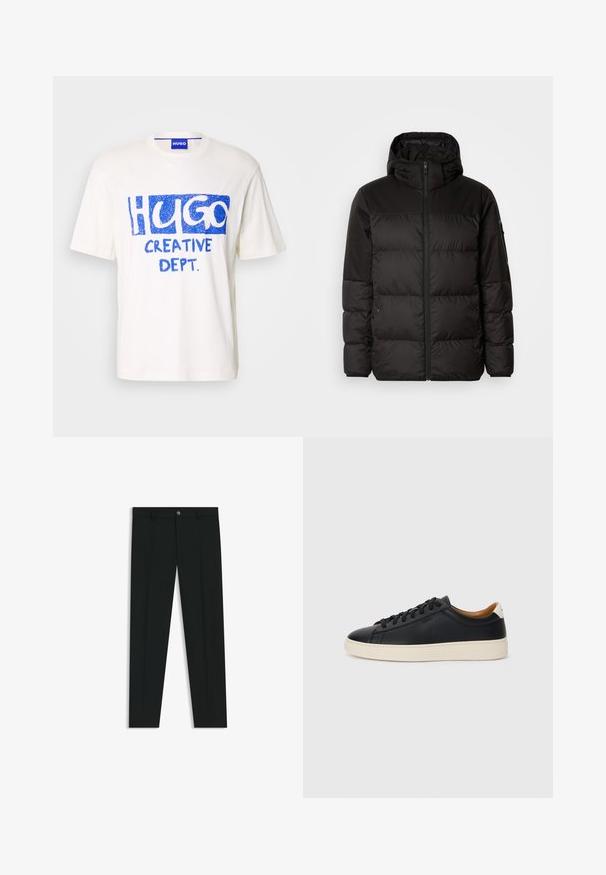 Zwarte pufferjas met ritsluiting, een capuchon, gequiltte secties en elastische manchetten, gemaakt van een glad, waterafstotend materiaal.; Witte katoenen t-shirt met blauwe grafische tekst "HUGO" en "CREATIVE DEPT." op de voorkant, korte mouwen en een ronde hals.; Zwarte dresspants met een recht pasvorm, gemaakt van een gladde stof. Heeft een sluiting met een knoop aan de voorkant en ceintuurlussen. Effen zonder patronen.; Zwarte leren sneakers met een gladde textuur, beige rubberen zool, vetersluiting en een contrasterende hielaccent.