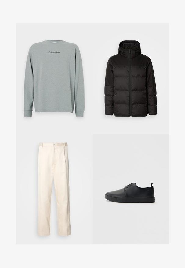 Crna puf jakna ima zatvaranje na zip, kapuljaču, kviltane dijelove i elastične manžete, izrađena je od glatkog, vodootpornog materijala.; Siva majica dugih rukava od mekog materijala s okruglim izrezom. Sadrži crni "Calvin Klein" logo na prsima i rebraste manžete. Jednostavan dizajn.; Bežaste pamučne hlače ravnog kroja s kopčanjem na dugme i plisiranjima sprijeda za dodatni detalj.; Crne kožne tenisice s glatkom površinom, zaobljenim vrhom, tonom prošivanja, vezanjem sprijeda i ravnim gumenim potplatom. Oko pete se nalazi učka.