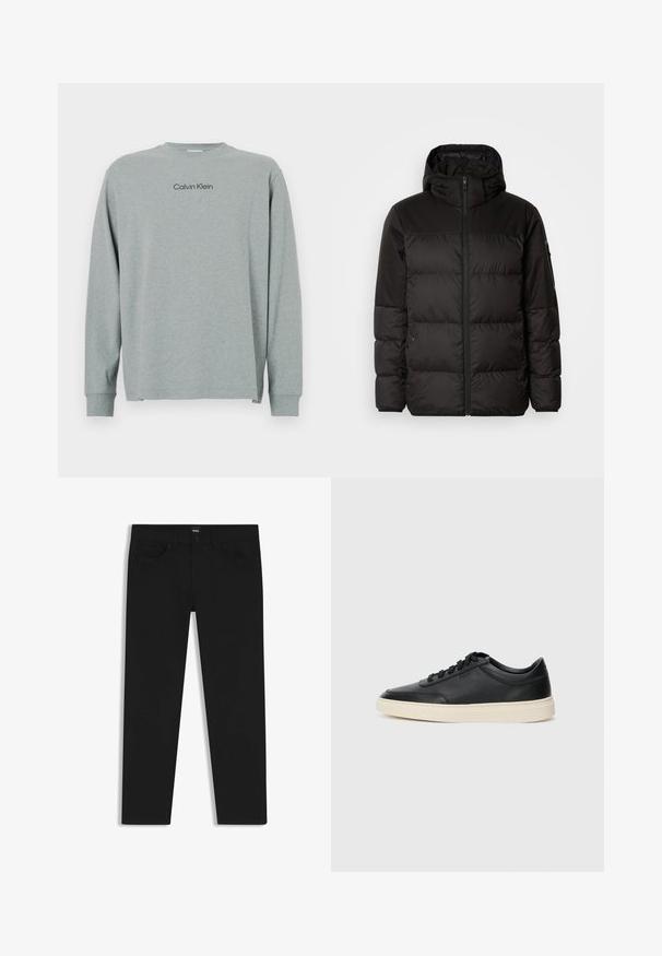 Zwarte pufferjas met ritsluiting, een capuchon, gequiltte secties en elastische manchetten, gemaakt van een glad, waterafstotend materiaal.; Grijze lange mouwen t-shirt van zachte stof met een ronde hals. Heeft een zwart 'Calvin Klein' logo op de borst en geribde manchetten. Eenvoudig ontwerp.; Zwarte denim broek met een rechte snit, voorzien van een standaard tailleband, vijf zakken en een knoopsluiting. Gladde textuur overal.; Zwarte leren sneaker met lage schacht, zwarte veters en off-white zool, weergegeven in zijprofiel op een witte achtergrond.