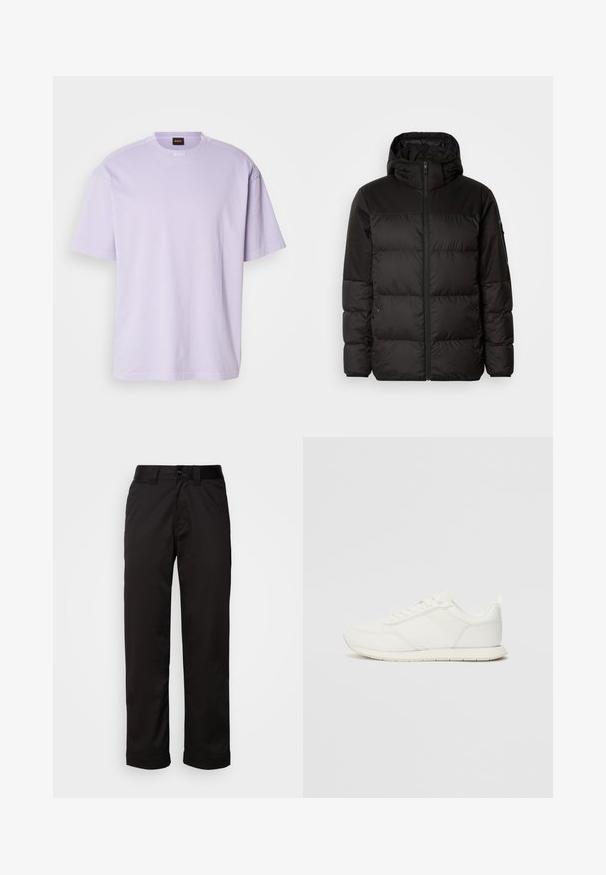 Μαύρο μπουφάν με φερμουάρ, κουκούλα, παραγεμισμένα τμήματα και ελαστικές μανσέτες, κατασκευασμένο από λείο, αδιάβροχο υλικό.; Λιλά βαμβακερό t-shirt με κοντά μανίκια και στρογγυλή λαιμόκοψη, διαθέτει ένα διακριτικό λογότυπο στο στήθος και άνετη εφαρμογή. Σχεδίαση ώμου χωρίς ραφή.; Μαύρο παντελόνι από λείο ύφασμα, με φερμουάρ, κουμπί κλεισίματος και στραβωμένα μπατζάκια για μια χαλαρή σχεδίαση.; Λευκό αθλητικό παπούτσι με επάνω μέρος από πλέγμα και συνθετικό υλικό, στρογγυλή μύτη, επίπεδους κορδόνια και υφή στη λωρίδα στο πλάι. Καουτσούκ σόλα με λαβή στο πίσω μέρος.