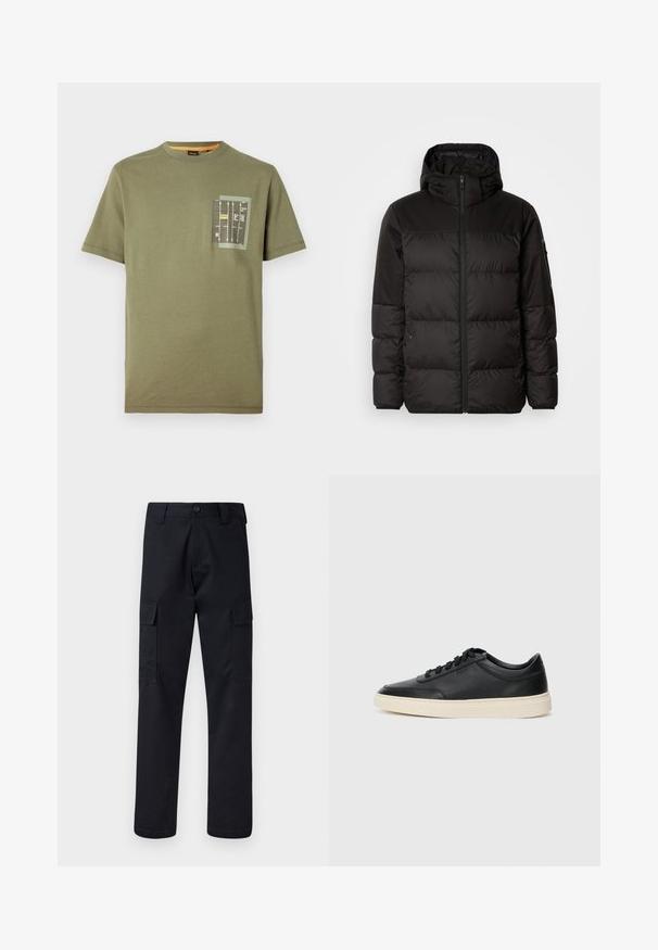 Črna zimska jakna ima zadrgo, kapuco, prešite odseke in elastične manšete, izdelana je iz gladkega, vodoodpornega materiala.; Olivno zelena bombažna majica s okroglo ovratnikom in kratkimi rokavi. Ima žep z grafičnim tiskom v črni, rumeni in beli barvi.; Črne cargo hlače iz trpežnega blaga, z ravnim krojem, dvema stranskima žepoma in gumbom za zapiranje na pasu.; Črne nizke usnjene teniske s črnimi vezalkami in svetlo belo podplatom, prikazane v stranskem profilu na beli podlagi.