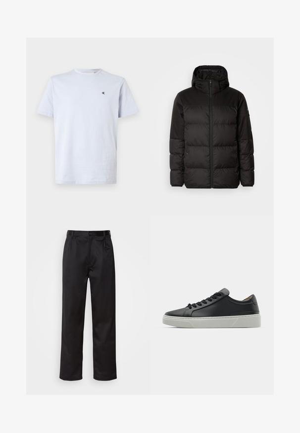 Czarna kurtka puchowa z zapięciem na zamek, kapturem, pikowanymi sekcjami i elastycznymi mankietami, wykonana z gładkiego, wodoodpornego materiału.; Jasnoniebieska koszulka z krótkim rękawem, okrągłym dekoltem, z małym czarnym logo "cK" po lewej stronie klatki piersiowej, na białym tle.; Czarne spodnie wykonane z gładkiego materiału, z zapięciem na guzik z przodu, plisami i prostymi nogawkami. Brak widocznych wzorów lub akcentów.; Czarne skórzane sneakersy o gładkiej fakturze, okrągłym nosku i czarnych sznurowadłach. Posiadają grubą, białą gumową podeszwę z subtelnymi akcentami geometrycznymi.
