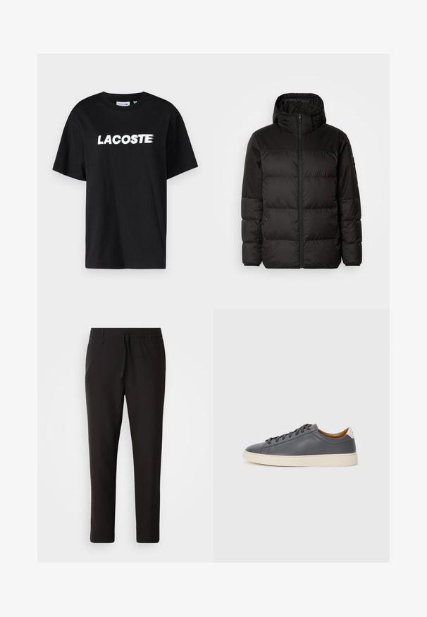 Μαύρο μπουφάν με φερμουάρ, κουκούλα, παραγεμισμένα τμήματα και ελαστικές μανσέτες, κατασκευασμένο από λείο, αδιάβροχο υλικό.; Μαύρο βαμβακερό t-shirt με λευκή εκτυπωμένη λογότυπο "LACOSTE" μπροστά. Κοντά μανίκια και στρογγυλή λαιμόκοψη. Κλασική άνετη γραμμή.; Μαύρο παντελόνι τζόγκινγκ φτιαγμένο από λείο ύφασμα. Διαθέτει ελαστική μέση με κορδόνι, κωνικά πόδια και χωρίς ορατές τσέπες. Απλός σχεδιασμός.; Γκρίζο δερμάτινο αθλητικό παπούτσι με στρογγυλή μύτη, καουτσούκ σόλα, επίπεδες κορδόνες και ανοιχτόχρωμες λεπτομέρειες στη φτέρνα. Λείος υφιστάμενος και μινιμαλιστικός σχεδιασμός.