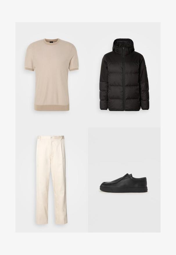 A fekete steppelt dzseki cipzáros záródással, kapucnival, steppelt részekkel és rugalmas mandzsettákkal rendelkezik, sima, vízálló anyagból készült.; Beige színű, rövid ujjú, kerek nyakú pulóver textúrált kötött mintával, bordázott mandzsettákkal és a színben harmonizáló szegéllyel.; Beige pamut nadrág egyenes szárú kivágással, gombos záródással és elülső redőkkel a részletek fokozása érdekében.; Fekete bőr slip-on cipő lekerekített orral, varrott részletekkel és fekete gumitalppal. Simaság és minimalista dizájn jellemzi.