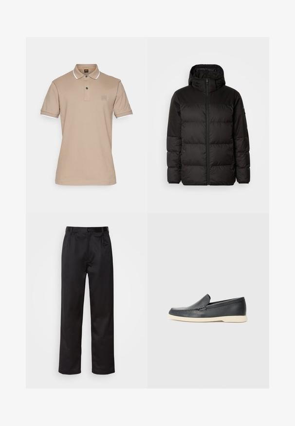 Schwarze Pufferjacke mit Reißverschluss, Kapuze, gesteppten Abschnitten und elastischen Bündchen, hergestellt aus einem glatten, wasserabweisenden Material.; BOSS PASSERTIP - Poloshirt - open brown; Schwarze Hosen aus glattem Stoff, mit einem Knopfverschluss vorne, Falten und geraden Beinen. Keine sichtbaren Muster oder Akzente.; Schwarze Leder-Slipper mit strukturiertem Finish und einer kontrastierenden beige Gummisohle. Mit einem dezenten Akzent an der Vorderseite.