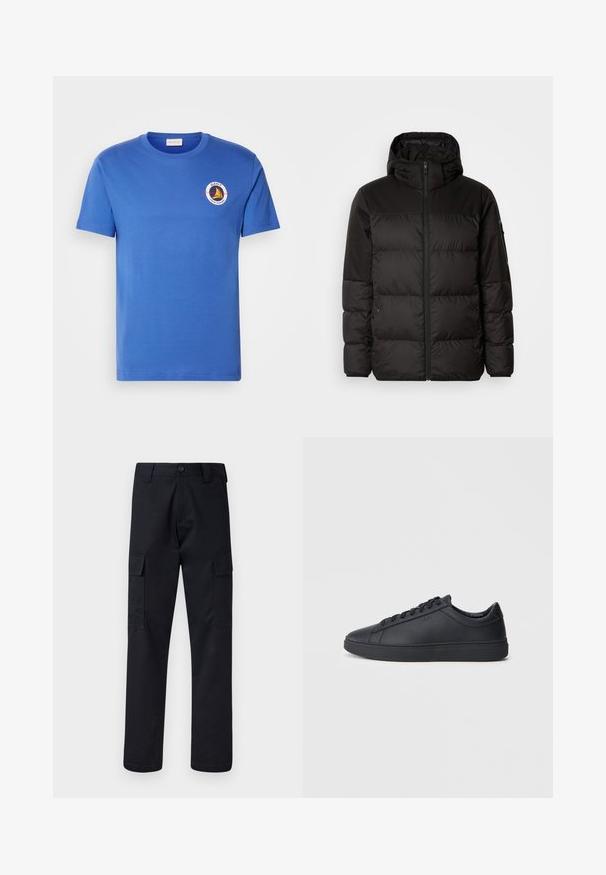 Musta puhvijakku sisältää vetoketjun, hupun, tilkuista koostuvia osioita ja joustavat hihansuut. Se on valmistettu sileästä, vedenpitävästä materiaalista.; Sininen puuvillapaita lyhyillä hihoilla, jossa on pyöreä logo valkoisena, keltana ja mustana vasemmassa rinnassa. Pyöreä kaula-aukko, normaali mitoitus.; Mustat cargo-housut, jotka on valmistettu kestävästä kankaasta, suora lahkeensuukko, kaksi sivutaskua ja napin suljenta vyötäröllä.; Mustat lenkkarit, jotka on valmistettu sileästä nahasta, matalalla varrella, pyöreällä varvalla ja tasaisella kumipohjalla. Varusteena nauhat ja huomaamaton brändäys.