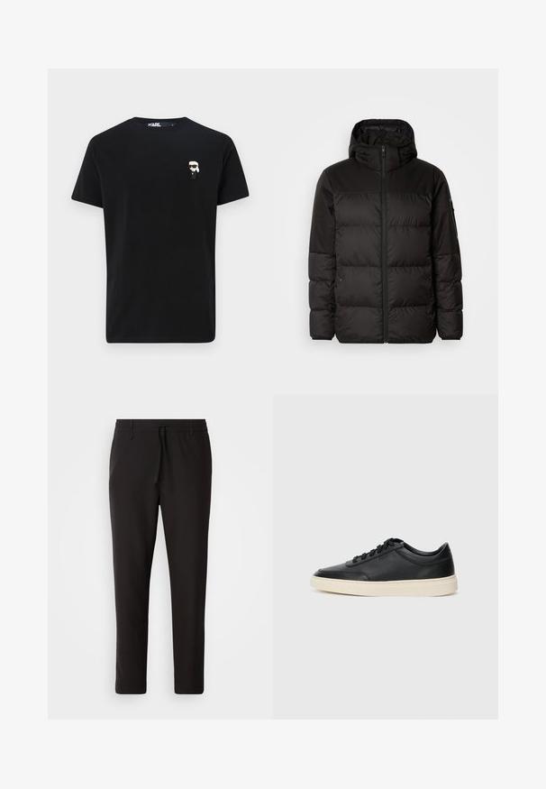 Černá péřová bunda má zipový uzávěr, kapuci, prošívané části a elastické manžety, vyrobená z hladkého, voděodolného materiálu.; Černé bavlněné tričko s krátkými rukávy a kulatým výstřihem. Zdobeno malou barevnou postavičkou na levé straně hrudi.; Černé teplákové kalhoty vyrobené z hladké látky. Mají elastický pas se šňůrkou, zúžené nohavice a žádné viditelné kapsy. Jednoduchý design.; Černé kožené nízké tenisky s černými tkaničkami a slonovinovou podešví, zobrazené v bočním profilu na bílém pozadí.