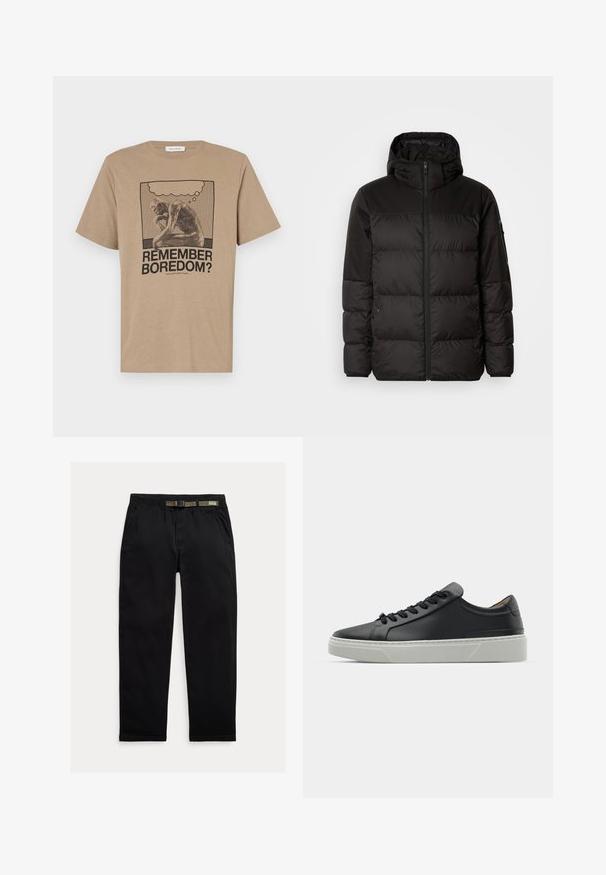 Černá péřová bunda má zipový uzávěr, kapuci, prošívané části a elastické manžety, vyrobená z hladkého, voděodolného materiálu.; Béžové bavlněné tričko s potiskem postavy v zamyšlení a textem "PAMATUJETE NA NUDU?" v černé barvě. Design s kulatým výstřihem.; Černé kalhoty vyrobené z lehkého materiálu, s elastickým pasem a integrovaným zeleným páskem, rovného střihu a bočními kapsami.; Černé kožené tenisky s hladkým povrchem, kulatou špičkou a černými šňůrkami. Disponují silnou bílou gumovou podrážkou s jemnými geometrickými akcenty.