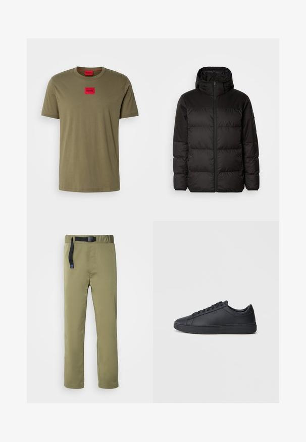 Juodas pūkinis švarkas turi užtrauktuką, gobtuvą, siūlinčius skyrius ir elastinius rankogalius, pagamintas iš lygaus, vandeniui atsparaus medžiagos.; Olive spalvos medvilninė marškinė su apvaliu iškirpimu, trumpomis rankovėmis ir raudonu kvadratiniu logotipo užsegimu ant krūtinės. Lygi tekstūra.; Alyvuogių žali, lengvi kelnių su juodu reguliuojamu diržu, tiesaus kirpimo ir subtiliais siuvinėjimo akcentais. Tinka lauko veikloms.; Juodi sportbačiai, pagaminti iš lygaus odos, su žemu dizainu, apvalia nosimi ir plokščiu guminiu padu. Yra raišteliai ir subtilus ženklinimas.