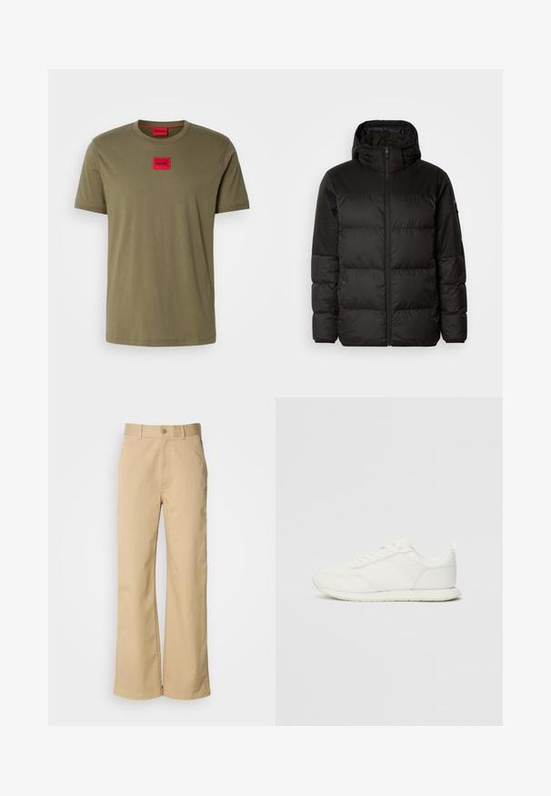 Črna zimska jakna ima zadrgo, kapuco, prešite odseke in elastične manšete, izdelana je iz gladkega, vodoodpornega materiala.; Olivno zelena bombažna majica s okroglim izrezom, kratkimi rokavi in rdečim kvadratnim logotipom na prsih. Gladka tekstura.; Béžové široke hlače vyrobené z bavlneného zmesi. Obsahujú zapínanie na gombík a pútka na opasok. Hladká textúra s minimálnymi švovými detailmi.; Bela tenisa z mrežasto in sintetično zgornjo plastjo, okroglo oblikovano prstno območje, ravne vezalke in teksturirana stranska črta. Gumijast podplat z zanko na hrbtni strani.