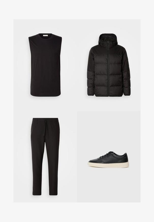 A fekete steppelt dzseki cipzáros záródással, kapucnival, steppelt részekkel és rugalmas mandzsettákkal rendelkezik, sima, vízálló anyagból készült.; Fekete ujjatlan póló, puha pamutból készült. Kerek nyakkivágással és laza szabással rendelkezik, sima textúrájú, díszítések nélkül.; Fekete jogger nadrág sima anyagból. Rugalmas derekú, húzózsinórral, tapered lábakkal és látható zsebek nélkül készül. Egyszerű dizájn.; Fekete, alacsony szárú bőrsneaker fekete fűzőkkel és törtfehér talppal, oldalnézetben, fehér háttér előtt.