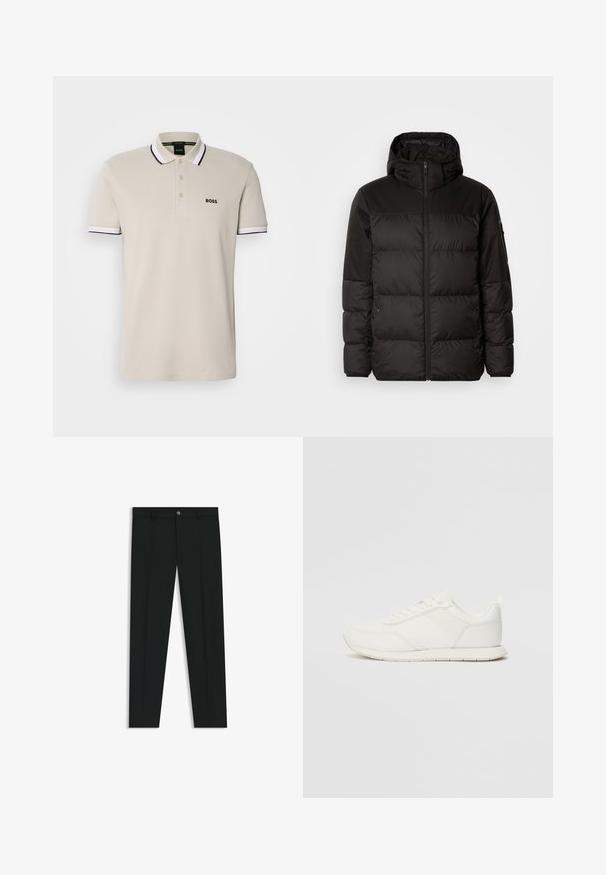 Svart puffjacka med blixtlås, huva, quiltade sektioner och elastiska mudd, tillverkad av ett slätt, vattentåligt material.; BOSS PADDY - Piké - light beige; Svarta dressbyxor med rak bendesign, gjorda av ett mjukt tyg. Har stängning med frontknapp och bälteshällor. Enfärgade utan mönster.; Vita sneakers med ett överdel i mesh och syntetmaterial, rund tå, platta snörning, och ett texturerat sidostreck. Gummisula med en dragflik bak.