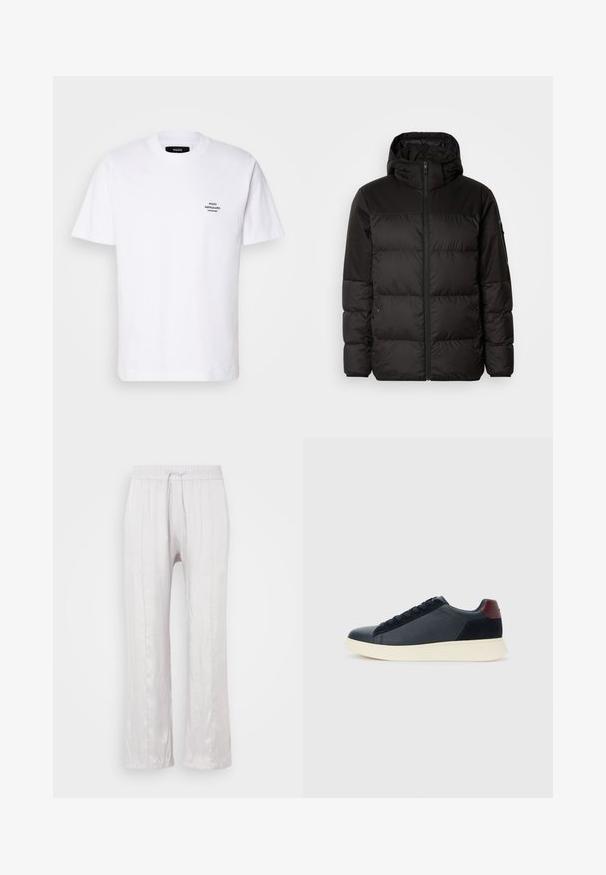 Mustikas puffer-jakk sisaldab tõmblukku, kapuutsi, tikandiga osi ja elastseid mansette, valmistatud siledast veekindlast materjalist.; Valge puuvillane t-särk lühikeste varrukate ja ümmarguse kaelusega, mille vasaku rinnaosa peal on musta teksti logo "MADS NØRGAARD COPENHAGEN".; Heledad hallikas, vabalt langev püksid siledast kangast, millel on elastne vöökoht ja kinnitusnöör. Sirged jalad peente voldikute ja ilma nähtavate mustriteta.; Madala stiilis meeste toss mustast nahast ja seemisnahast, marooni värvi kanna detailiga ja valge kummist tallaga, vaatega välisküljelt.