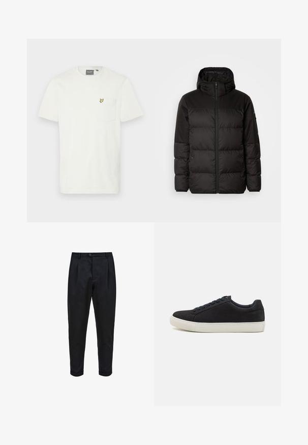 Melna pūkainā jakā iezīmes ir rāvējslēdzēja aizdare, kapuce, kvadrātveida šuves un elastīgas aproces, izgatavota no gludas, ūdensizturīgas vielas.; Balta kokvilnas t-kreksa ar kreiso krūšu kabatu un mazu dzeltenu tauriņu logotipu. Īsas piedurknes un klasiskas formas kakla izgriezums.; Melnas bikses, izgatavotas no gludas auduma, ar plisu priekšpusi, sašaurinātu piegriezumu un rollētām biksēm. Vienkārša pogu aizdare jostasvietā.; Melnas zamšādas sporta apavi ar noapaļotu purngalu, baltu gumijas zoli, kontrastējošām zilo auklēm un gludu faktūru. Minimālistisks dizains bez redzamas logo.