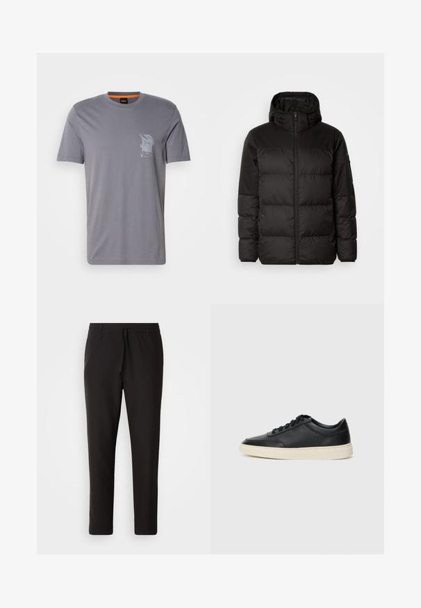 Geacă puffer neagră cu închidere cu fermoar, glugă, secțiuni quilted și manșete elastice, realizată dintr-un material neted, rezistent la apă.; Tricou gri din bumbac cu decolteu rotund, mâneci scurte și un imprimeu grafic pe partea stângă a pieptului. Eticheta din interior are accente portocalii.; Pantaloni de jogging negri, confecționați dintr-un material neted. Prezintă un talie elastică cu șnur, picioare conice și fără buzunare vizibile. Design simplu.; Sneaker din piele neagră, cu vârf jos, cu șireturi negre și talpă de un alb murdar, prezentat în profil lateral, pe un fundal alb.