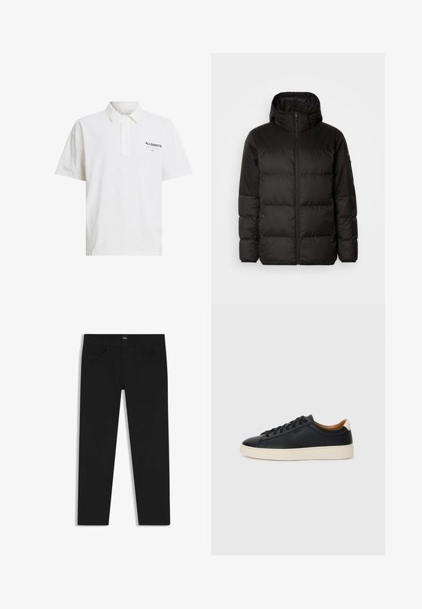 Musta puhvijakku sisältää vetoketjun, hupun, tilkuista koostuvia osioita ja joustavat hihansuut. Se on valmistettu sileästä, vedenpitävästä materiaalista.; Valkoinen puuvillapaita, jossa on lyhyet hihat, napitettu kaulus ja musta logo vasemmalla puolella. Suora tekstuuri, klassinen istuvuus.; Musta farkkutakki suoran leikkauksen kanssa, varustettuna tavallisella vyötäröllä, viidellä taskulla ja nappisulkimella. Yhtenäinen sileä pinta.; Mustat nahkasneakerit, joissa on sileä pinta, beige kumipohja, nauhakiinnitys ja erottuva kanta-aksentti.