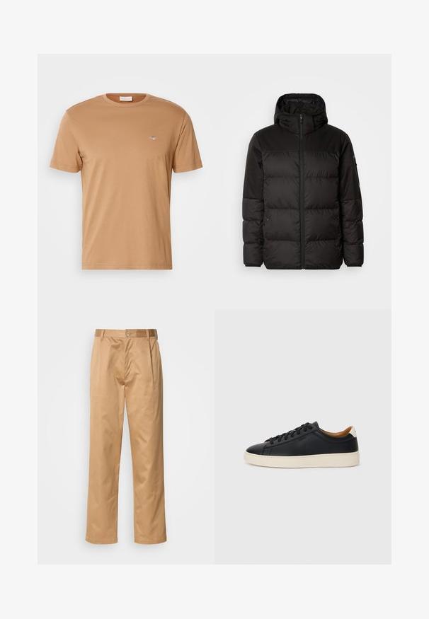 A jaqueta puffer preta apresenta um fecho zip, um capuz, secções acolchoadas e punhos elásticos, confeccionada em um material liso e resistente à água.; GANT PRINTED ARCHIVE SHIELD - T-shirt básica - roasted walnut; Calças caqui, mistura de algodão, design de pernas retas, pregas frontais, passantes para cinto e fecho com botão. Textura suave sem padrões.; Tenis de couro preto com uma textura suave, sola de borracha bege, design de atar e um destaque no calcanhar em contraste.