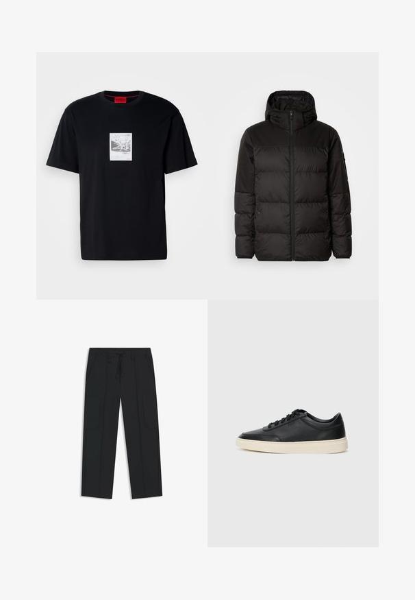 Zwarte pufferjas met ritsluiting, een capuchon, gequiltte secties en elastische manchetten, gemaakt van een glad, waterafstotend materiaal.; Zwarte katoenen t-shirt met korte mouwen, voorzien van een grafische print in een wit rechthoekig frame. Rode logo-accent aan de rechteronderkant.; Zwarte cargobroek van nylon. Voorzien van een elastische tailleband met een trekkoord, zijzakken en een vlakke voorkant.; Zwarte leren sneaker met lage schacht, zwarte veters en off-white zool, weergegeven in zijprofiel op een witte achtergrond.