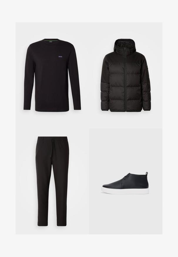 Mustikas puffer-jakk sisaldab tõmblukku, kapuutsi, tikandiga osi ja elastseid mansette, valmistatud siledast veekindlast materjalist.; Mustast pikast variust, mis on valmistatud puuvillast. Omab ümmargust kaela ja väikest lillat "BOSS" logosid vasakul rinnaosal.; Mustad jogger-püksid, mis on valmistatud siledast kangast. Omavad elastset pihaotsikut koos paelaga, kitsenevaid jalaosi ja nähtamatuid taskuid. Lihtne disain.; Mustmust mustatooted, millel on sile nahk, valge kummist tald ja lihtne nööridega kinnitamine. Tagaküljel on tõmbeosadega.