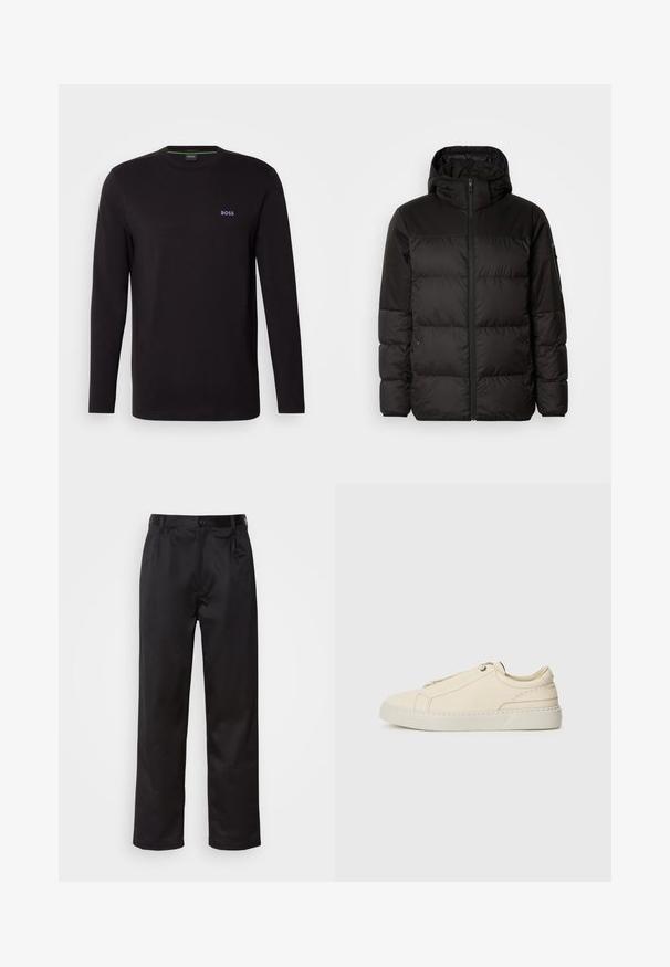A fekete steppelt dzseki cipzáros záródással, kapucnival, steppelt részekkel és rugalmas mandzsettákkal rendelkezik, sima, vízálló anyagból készült.; Fekete, hosszú ujjú pamut póló. Kerek nyakkal rendelkezik, és egy kis lila "BOSS" logó található a bal mellrészen.; Fekete nadrág sima anyagból, elülső gombos záródással, redőkkel és egyenes szárral. Nincsenek látható minták vagy díszítések.; Beige bőr sneaker, lekerekített orral, minimalista dizájnal, finom varrási részletekkel és texturált felsőrésszel, világos talpon.