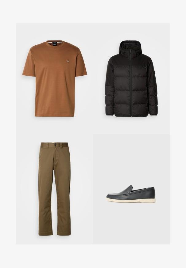 A jaqueta puffer preta apresenta um fecho zip, um capuz, secções acolchoadas e punhos elásticos, confeccionada em um material liso e resistente à água.; T-shirt castanho de mangas curtas feito de um tecido macio, com decote redondo e um pequeno emblema no peito. Textura suave.; Calças castanhas de perna reta feitas de tecido entrelaçado. Apresenta um fecho com botão, bolsos laterais e uma textura suave. Ajuste sob medida.; Mocassins pretos em couro com acabamento texturizado e sola de borracha bege em contraste. Apresenta um detalhe subtil na parte da frente.