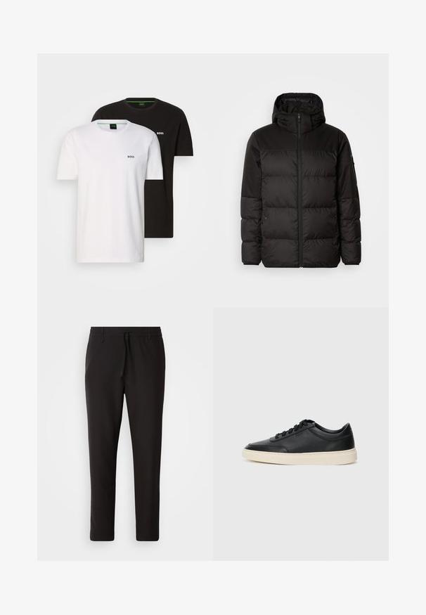 Black puffer jacket features a zip closure, a hood, quilted sections, and elastic cuffs, made from a smooth, water-resistant material.; Two cotton t-shirts in black and white, featuring a crew neck and a small logo on the chest. Both have short sleeves and a straight cut.; Black jogger pants made of smooth fabric. Feature an elastic waistband with a drawstring, tapered legs, and no visible pockets. Simple design.; Black low-top leather sneaker with black laces and off-white sole shown in side profile on white background.