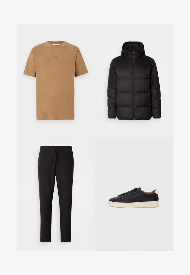 Schwarze Pufferjacke mit Reißverschluss, Kapuze, gesteppten Abschnitten und elastischen Bündchen, hergestellt aus einem glatten, wasserabweisenden Material.; Braunes Baumwoll-T-Shirt mit Rundhalsausschnitt, kurzen Ärmeln und schwarzem Text "SAMSE SAMSE KOPENHAGEN" auf der Vorderseite.; Schwarze Jogginghose aus glattem Stoff. Mit einem elastischen Bund und Kordelzug, schmal zulaufenden Beinen und ohne sichtbare Taschen. Einfaches Design.; Schwarze Ledersneaker mit glatter Textur, beiger Gummisohle, Schnürdesign und einem kontrastierenden Fersenakzent.