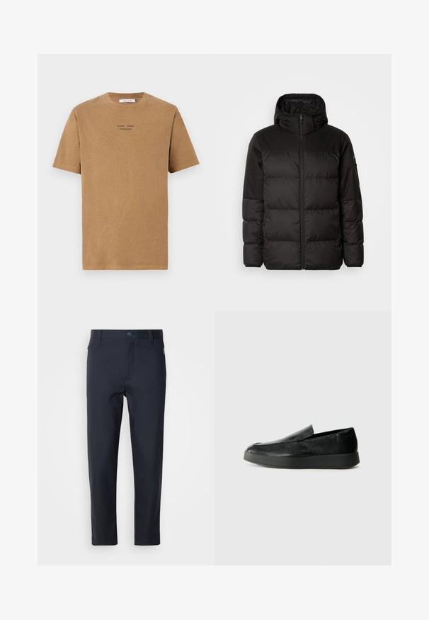 Juodas pūkinis švarkas turi užtrauktuką, gobtuvą, siūlinčius skyrius ir elastinius rankogalius, pagamintas iš lygaus, vandeniui atsparaus medžiagos.; Ruda medvilnės marškinėliai su apvalia iškirpte, trumpomis rankovėmis ir juodu tekstu "SAMSE SAMSE COPENHAGEN" priekyje.; Tamsiai mėlynos pritaikytos kelnės, pagamintos iš sklandžios medžiagos, su užtrauktuku užsegama kišene, tiesiomis kojomis ir mygtuko užsegimu juosmens srityje.; Calvin Klein HYBRID CUP - Įmautiniai batai - triple black