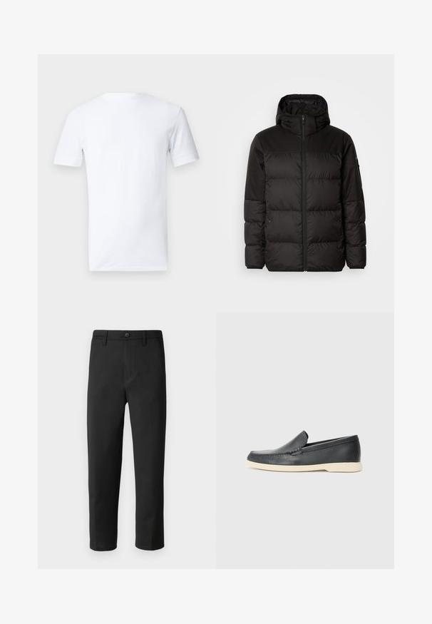 Black puffer jacket features a zip closure, a hood, quilted sections, and elastic cuffs, made from a smooth, water-resistant material.; Short-sleeve white t-shirt made from cotton, featuring a round neck and a simple, seamless back design without any patterns or graphics.; Black trousers with a straight cut, made from smooth fabric. Features a button closure and belt loops. No visible patterns or accents.; Black leather slip-on loafers with a textured finish and a contrasting beige rubber sole. Features a subtle accent along the front.